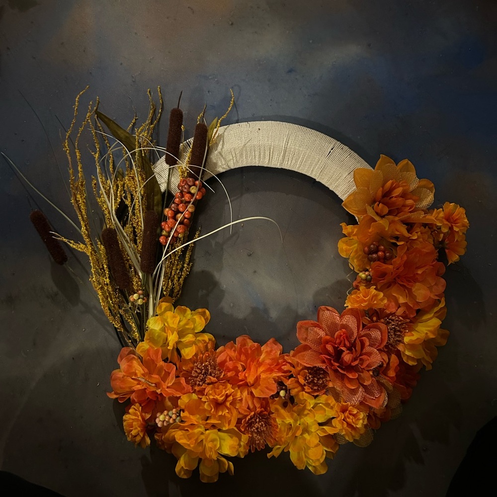 Autumn Floral Wreath with Orange and Yellow Flowers